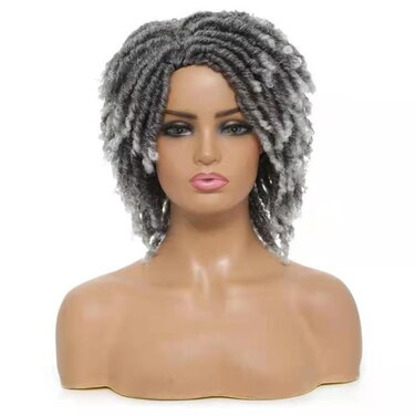 Black Women Men Short Dreadlock Wig Synthetic Wigs Afro Curly Wig For Daily Party Use (Grey)