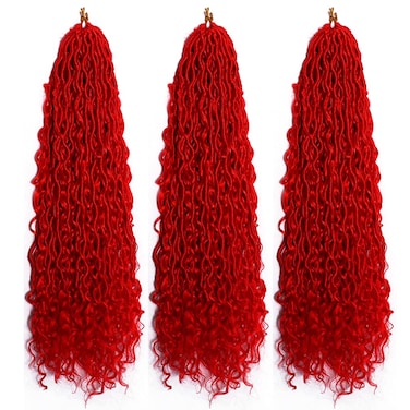 Goddess Locs Crochet Hair Red 14 Inch 3 Packs Bohemian Faux Locs Crochet Hair With Curly Ends Pre Looped Hair Extensions 16 Roots/Pack(Red)