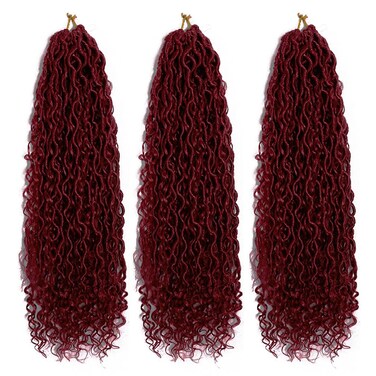 Goddess Locs Crochet Hair Burgundy 22 Inch 3 Packs Bohemian Faux Locs Crochet Hair With Curly Ends Pre Looped Hair Extensions 16 Roots/Pack(Bug)