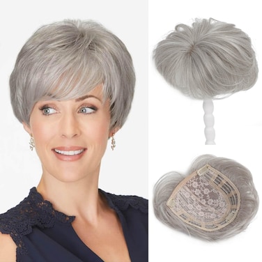 Fine Plus Hair Toppers for Women 6.8" x 7" Pixie Cut Short Hair Topper Fluffy Synthetic Hair Topper Clip in Top Wavy Hair Pieces Replacement Wiglets(GREY)