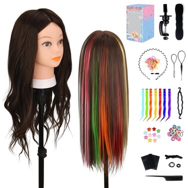 Mannequin Head with 80% Real Human Hair, 26" Manikin Head, Doll Head for Hair Styling with Table Clamp Holder + DIY Hair Styling Set, Mannequin Head for Cosmetology Training Head and Stylist Supplies