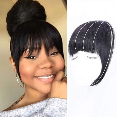 G&amp;T Wig Yaki Clip in Bangs for Black Women Short Kinky Straight Bangs Hair Extensions Clip on Bangs with Temple Thick Bangs Fringe Hairpieces (1B,single bangs)