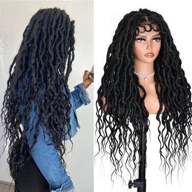 ANNISOUL Black Faux Locs Wigs for Black Women Curly Goddess Faux Locs Crochet Hair Full Lace Braid Wig with Baby Hair Braided Wig Goddess Dreadlock Wig