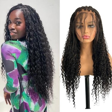 Human hair Box Braids Wigs for Women Full Lace Goddess Braided human hair Wig Square Parted Knotless Pre Pluched with Boho Curls Wig With Baby Hair Natural Color 18 Inch