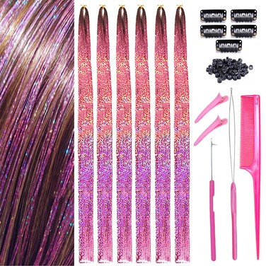 Pink Hair Tinsel 1500 Strands 44 Inch Fairy Hair Tinsel Kit Heat Resistant Glitter Tinsel Hair Extensions Sparkling Shiny Hair Tinsel Kit for Girls (Pink Color/1500 Strands)