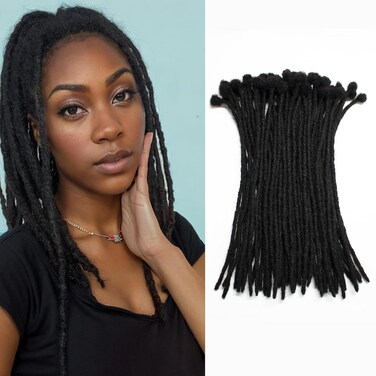 Loc Extensions Human Hair 8Inch 0.4cm Width 30 Strands Dreadlock Extensions Full Handmade Permanent 100% Human Hair Can Be Dyed Bleached Curled for Women Men Kids Natural Black