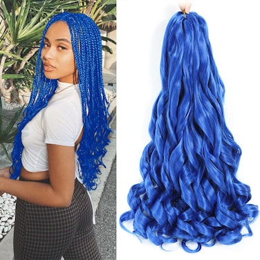 French Curly Braiding Hair 24 Inch Blue Color - Pre Stretched Bouncy Braiding Hair- Loose Wavy Braiding Hair Synthetic Hair Extensions For Black Women (24 inch 2 packs, Blue)