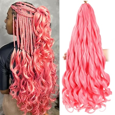 French Curly Braiding Hair 24 Inch 8 Packs Pink Color - Pre Stretched Bouncy Braiding Hair- Loose Wavy Braiding Hair Synthetic Hair Extensions For Black Women (24 inch 8 packs, Pink)