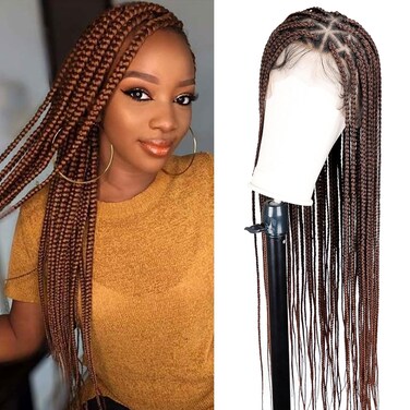 KRALER 36 inch Box Braided Wigs for Black Women, Ombre Auburn Knotless Triangle Based Small Box Braids Wig, Embroidery Full Double Lace Braid Wigs