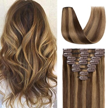 S-noilite Clip in Hair Extensions Real Human Hair 24 Inch Balayage Medium Brown Mixed Dark Blonde Hair Extensions Remy Human Hair Clip In For Women Natural Straight 8PCS 80g #4P27
