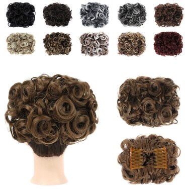 Combs Curly Hair Bun Synthetic Scrunchie Clip in Ponytail Extension Chignon Dish Tray Pony-tail Hairpieces (Chestnut Brown -#96)