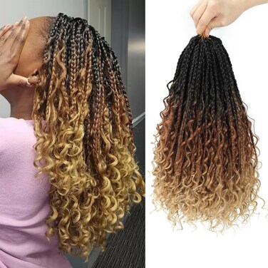 Goddess Box Braids Crochet Hair Bohomian Curly Ends Pre-looped Boho Box Braids 8Packs 3X Braided Synthetic Hair Extension for Black Women Girls Ombre brown light brown(16inch, Black Brown Light Brown)