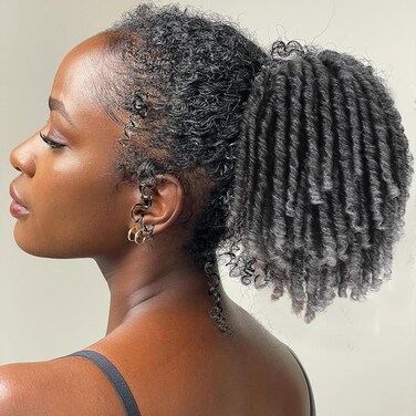 Grey Dreadlock Drawstring Ponytail for Black Women,6inch Short Curly Faux Loc Ponytail Hair Piece Clip on Coil Dreadlock Ponytails for Women Salt and Pepper Goddess Faux Locs (T1B/Gray#)