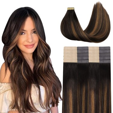 GOO GOO Tape in Hair Extensions Balayage Expensive Brunette Real Human Hair Extensions Seamless Straight Human Hair Extensions 50g 20pcs 24inch