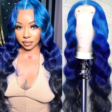 Ombre Blue Lace Front Wig Human Hair 3 Tones Navy Blue to Dark Blue Human Hair Wig Body Wave Hd Lace Frontal Wig 13x4 Pre Plucked With Baby Hair Multi Colored Blue Ombre Wig 28 Inchs 150% Density