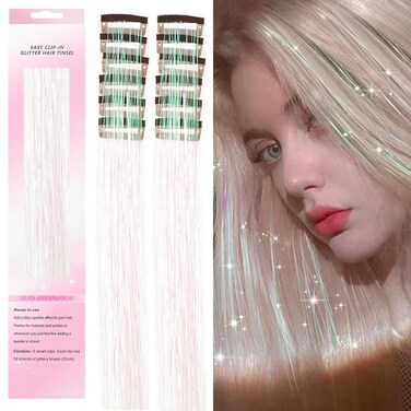 Dazzle White Tinsel Hair Extensions Hair Tinsel 12 Pcs Clip In Tinsel Hair 20 Inch Tinsel Hair Clip In Tinsel Hair Accessories For Girls Glitter Tinsel Hair Extensions For Party (12Pcs,Dazzle White#)
