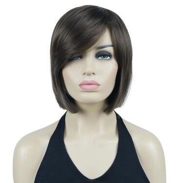 Lydell 8" Straight Short Wigs Bob Hair with Bangs Cute Central Dot Top Heat Resistant Synthetic Wigs (10 Medium Golden Brown)