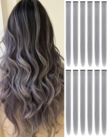 22 Inch Colored Hair extension 12 Pcs Grey Clip in Hair Extension for Women Girls Kids Synthetic Highlight Hair Piece for Party Halloween