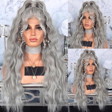 Grey Lace Front Wigs Long Loose Wave Hair Gray Wig Heat Resistant Natural Curly Synthetic Lace Front Wigs for Fashion Women