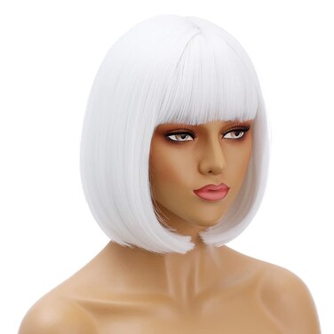 White Wigs for Women 12'' Short White Bob Wig with Bangs Natural Synthetic Soft Wig Cute Colored Wigs for Daily Party BU239WH