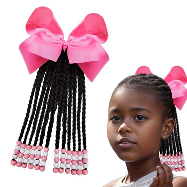 Kids Ponytail Extension Girls Braids Hair Extensions With Beads Hair Extension Braid Synthetic Hairpieces With Bows Wigs Beaded Braided Clip For Girls Toddler Children Gift(Pink, 9inch)