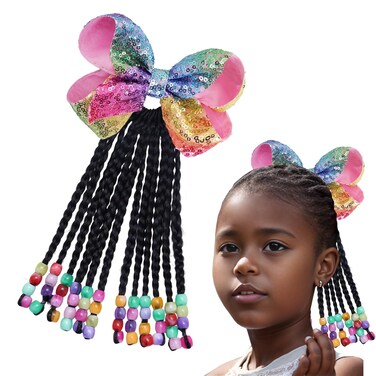 Kids Ponytail Extension Girls Braids Hair Extensions With Beads Hair Extension Braid Synthetic Hairpieces With Bows Wigs Beaded Braided Clip For Girls Toddler Children Gift