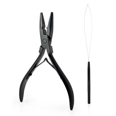 Gomake Hair Extensions Closed and Remover Pliers set, Micro Silicone Rings Beads Hair Extensions Loop Needle Threader Pulling Hook Tool and Bead Device Tool for Hair or Feather Extensions (Black)
