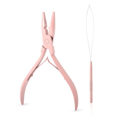 Gomake Hair Extensions Closed and Remover Pliers set, Micro Silicone Rings Beads Hair Extensions Loop Needle Threader Pulling Hook Tool and Bead Device Tool for Hair or Feather Extensions (Pink)