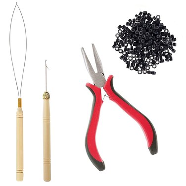 Hair Extension Tool Kit, Bead Device Tool, Silicone Lined Links Beads, Curved Hair Plier, for Tinsel and Feather Hair Extensions or Removal (Black)