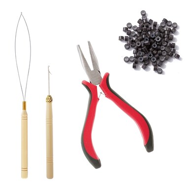 Hair Extension Tool Kit, Bead Device Tool, Silicone Lined Links Beads, Curved Hair Plier, for Tinsel and Feather Hair Extensions or Removal Dark brown