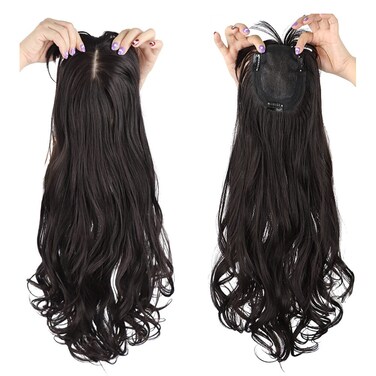 50cm Long Seamless Nature Look Clip in Hairpiece with Side-Fringe Extension Forehead Topper for Women with Thinning Hair Wavy Black Brown