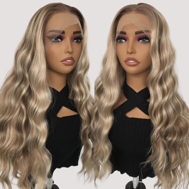 13x6 Synthetic Lace Front Wig Long Wavy 26" Highlight Blonde Glueless Wig for Women Pre plucked HD Lace Free Part Body Wave Frontal Wigs Daily Use