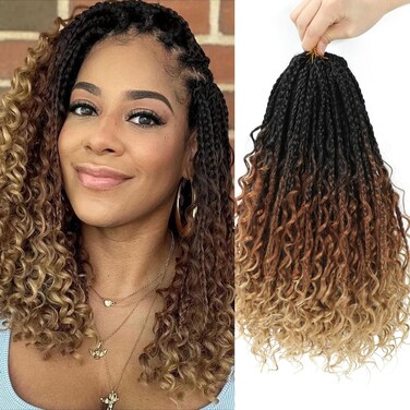 8 Packs Boho Box Braids Crochet Hair 14 Inch Bohemian Box Braids With Curly Ends Braiding Hair Extensions Ombre Goddess Synthetic Crochet Braids For Women (1B/30/27, 14 inch)