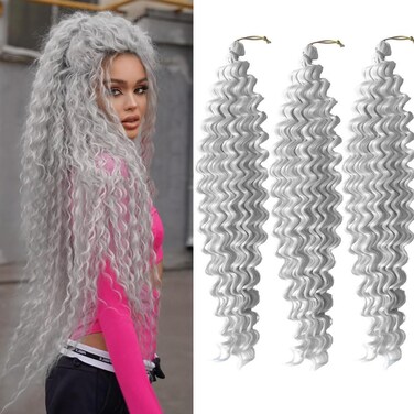 3 Packs Ocean Wave Crochet Hair 22 Inch Grey Deep Wave Braiding Hair Long Curly Crochet Braids Hair Extensions for Women and Girls(22 Inch,Grey)