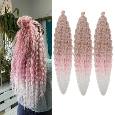Ocean Wave Crochet Hair 22 Inch 3 Packs Deep Wave Braiding Hair Deep Curly Twist Crochet Hair For Black Women Synthetic Wavy Braiding Hair Extensions(AC-22Inch,27/Pink/613)