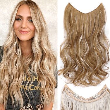 Invisible Wire Hair Extensions - 18 Inch Halo Hair Extension Long Wavy Synthetic Hairpiece with Transparent Wire Adjustable Size, 4 Secure Clips for Women(Golden Blonde Mix Bleach Blonde Highlights)