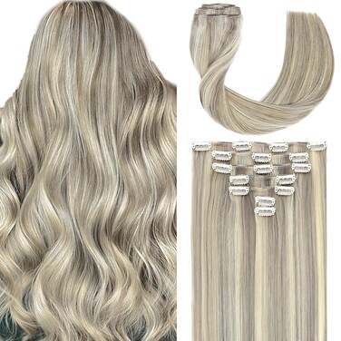P17A/60A Clip in Hair Extensions,12inch 7 Pcs 70g Ash Blonde Highlighted Platinum Blonde Clip in Hair Extensions Real Human Hair,Silky StrainghtHuman Hair Extensions Clip ins for Women Girls