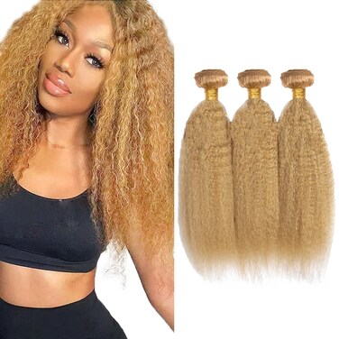 Honey Blonde Bundles Human Hair 27 Kinky Straight Bundles Blonde Human Hair Bundles 12 14 16 inch Mixed Length 3 Bundles Blonde Yaki Human Hair Bundle Sew in Hair Extensions