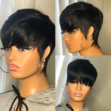 Short Bob Wigs for Black Women Human Hair Wig Pixie Cut Wig Human Hair Layered None Lace Front Wig with Bangs Natural Straight Full Machine Made Wig 1B Color
