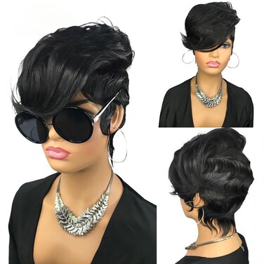 Short Pixie Cut Wig for Black Women Bob wig Human Hair Wig Guleless Pixie Wig with Bangs None Lace Front Wig Layered Full Machine Made Wig 1B Color