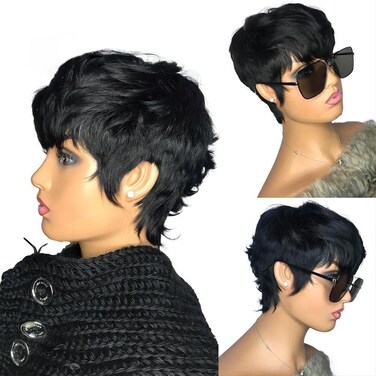 Short Bob Wigs for Black Women Human Hair Pixie Cut Wig with Bangs Glueless Short Pixie Wig Layered None Lace Front Wig Full Machine Made 1B Color