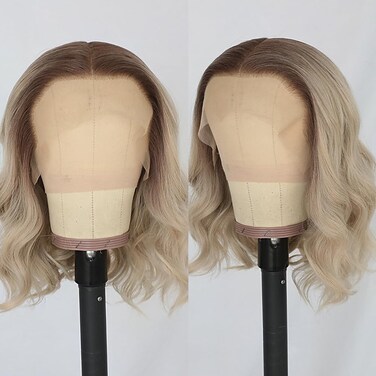 Maycaur Ash Blonde Lace Front Wigs Short Wavy Women's Costume Wigs Brown Roots Synthetic Loose Wave Frontal Lace Wigs 14 Inch