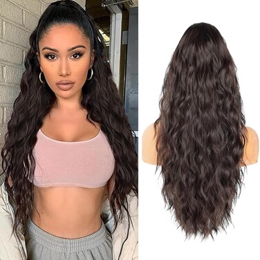 Gx Beauty Long Dark Brown Curly Drawstring Ponytail 26Inch Curly Ponytail Hair Extension Synthetic Clips in Drawstring Ponytail for Women Daily Use (Dark Brown)