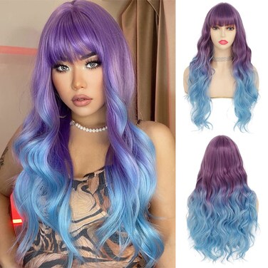 Purple to Blue Long Curly Wigs for Women Ombre Blue Synthetic Hair Natural Looking Wavy Wig (Purple/Blue)