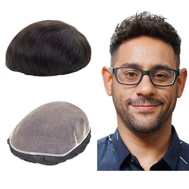 Lordhair Toupee for Men European human hair Full French Lace Hairpieces，Base Size 8x10 inch Hair Replacement System for Men Natural Hairline Human Hair Wig #1B Off Black