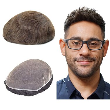 Lordhair Toupee for Men European human hair Full French Lace Hairpieces，Base Size 8x10 inch Hair Replacement System for Men Natural Hairline Human Hair Wig #5Medium Brown