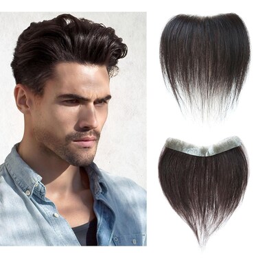 Frontal Hairpiece for Men Dark Brown Hair Extension Hairline Loss Straight Tape in Human Hair Toppers Replacement Toupee (0.78"x6.3", 6", Dark Brown)