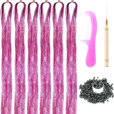 43 Inch Hair Tinsel Kit with Tools 6 Packs 1200 Strands Tinsel Hair Extensions for Women and Girls Heat Resistant Sparkling Shiny Glitter Hair Pieces for Christmas Cosplay Party (43 inch, pink)