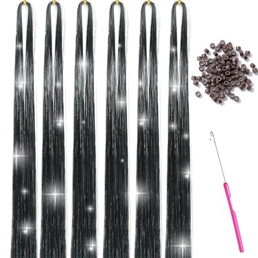 Hair Tinsel Kit With Tool Black Hair Tinsel Heat Resistant Fairy Hair Glitter Hair Extensions 6Pcs 1200Strands, Sparkling Shiny Hair Tinsel Tensile Hair Extensions for Women Girls (Black)