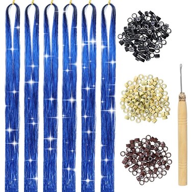 Hair Tinsel Kit With Tools Blue Tinsel Hair Extensions 6Pcs 1200 Strands Fairy Hair Tinsel Heat Resistant Glitter Hair Extensions Sparkling Shiny Hair Tensile for Girls Women Kids (Blue 6Pcs)